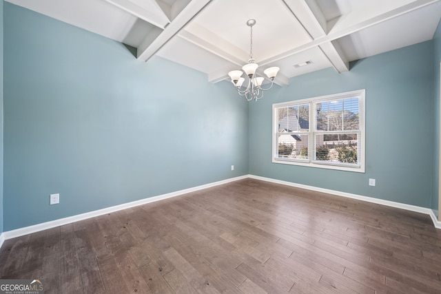 spare room featuring wood-type flooring, beamed ceiling, a chandelier, and coffered ceiling