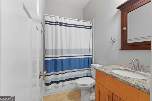 full bathroom with vanity, toilet, and shower / bathtub combination with curtain