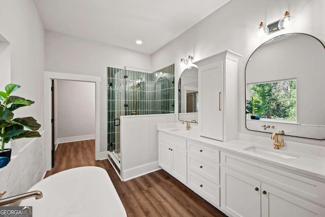 bathroom with wood-type flooring, plus walk in shower, and vanity