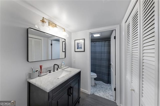 bathroom featuring a shower with shower curtain, vanity, and toilet