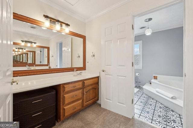 bathroom with a bath, vanity, and ornamental molding