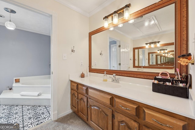 bathroom featuring crown molding, vanity, and a bath