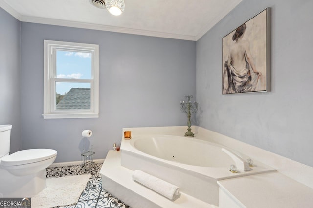 bathroom with a tub to relax in, toilet, tile patterned flooring, and ornamental molding