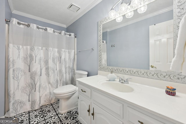 bathroom with tile patterned floors, vanity, toilet, and ornamental molding