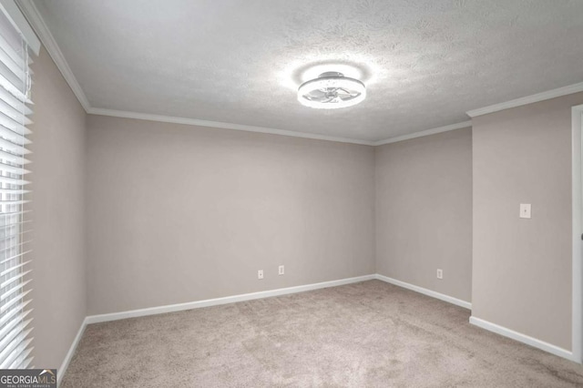 unfurnished room with a textured ceiling, light colored carpet, and crown molding