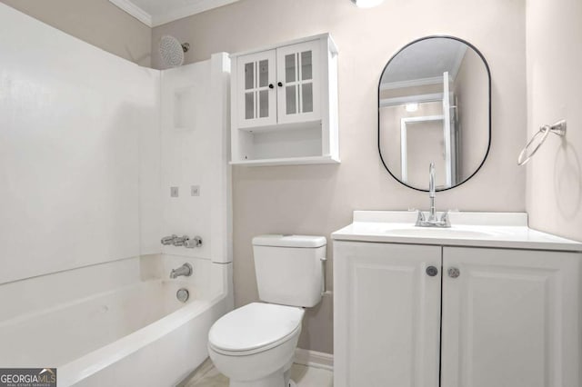 full bathroom with bathing tub / shower combination, crown molding, vanity, and toilet