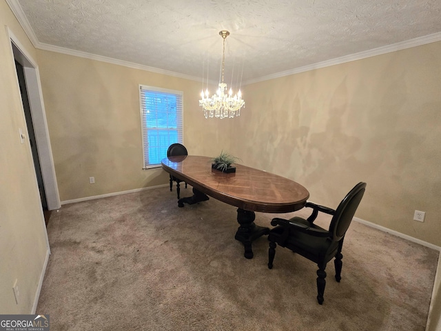 carpeted dining area with ornamental molding, a textured ceiling, and a chandelier