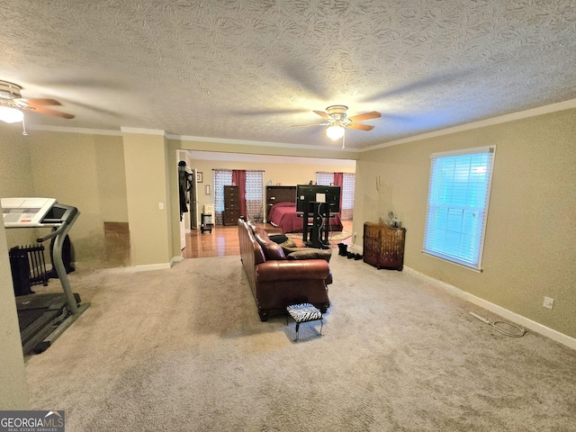 carpeted living room with ceiling fan, a textured ceiling, and ornamental molding