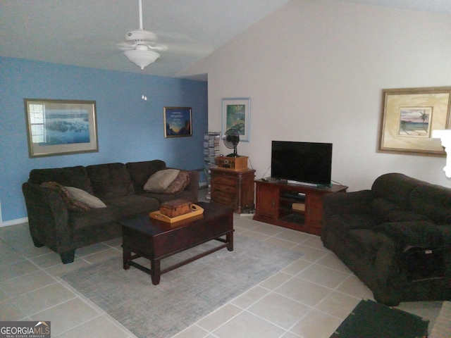 tiled living room featuring ceiling fan