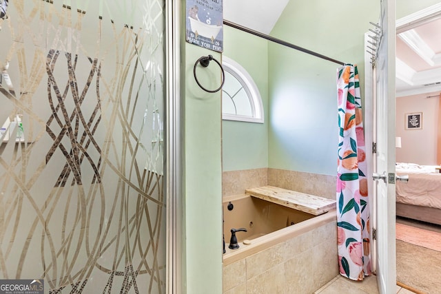 bathroom featuring tile patterned flooring and plus walk in shower