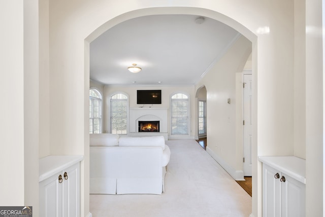 living room featuring light carpet and crown molding