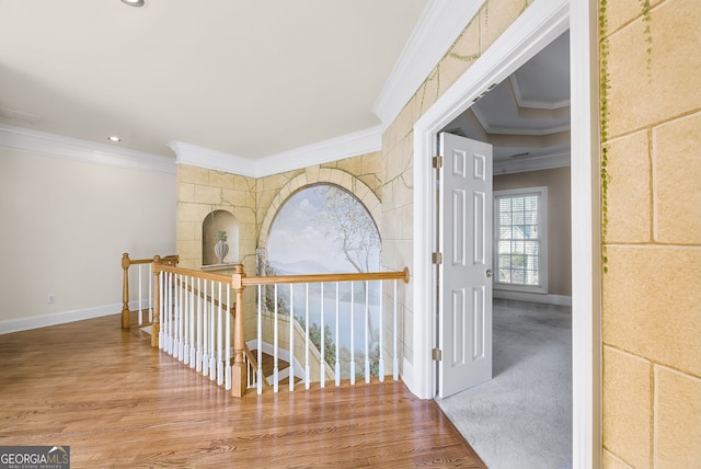 hall featuring hardwood / wood-style flooring and crown molding