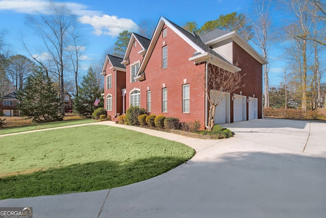 view of property exterior featuring a lawn and a garage