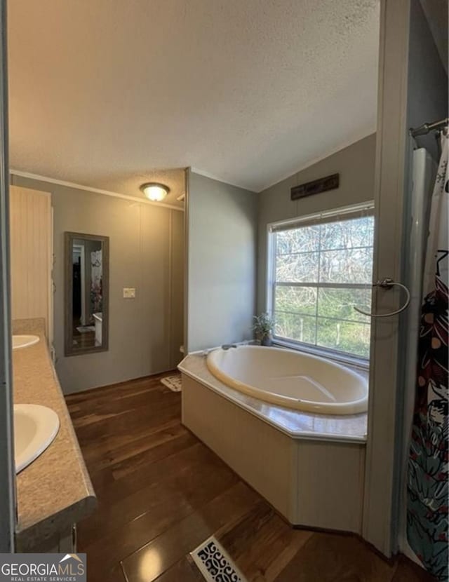 bathroom featuring a washtub, vaulted ceiling, a textured ceiling, vanity, and hardwood / wood-style flooring