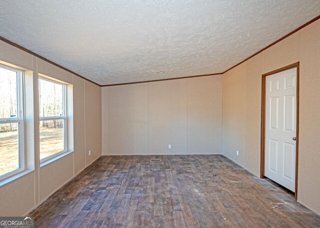 spare room featuring crown molding, dark wood-type flooring, and a textured ceiling