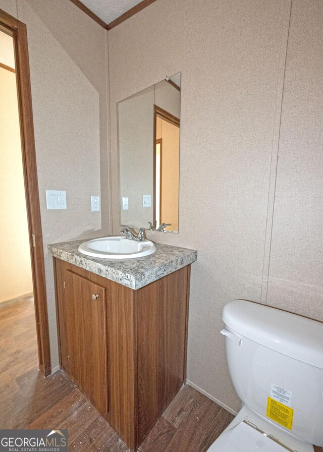 bathroom with hardwood / wood-style floors, vanity, and toilet