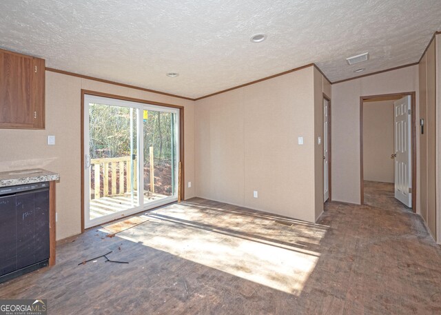 unfurnished living room with a textured ceiling, wine cooler, and ornamental molding