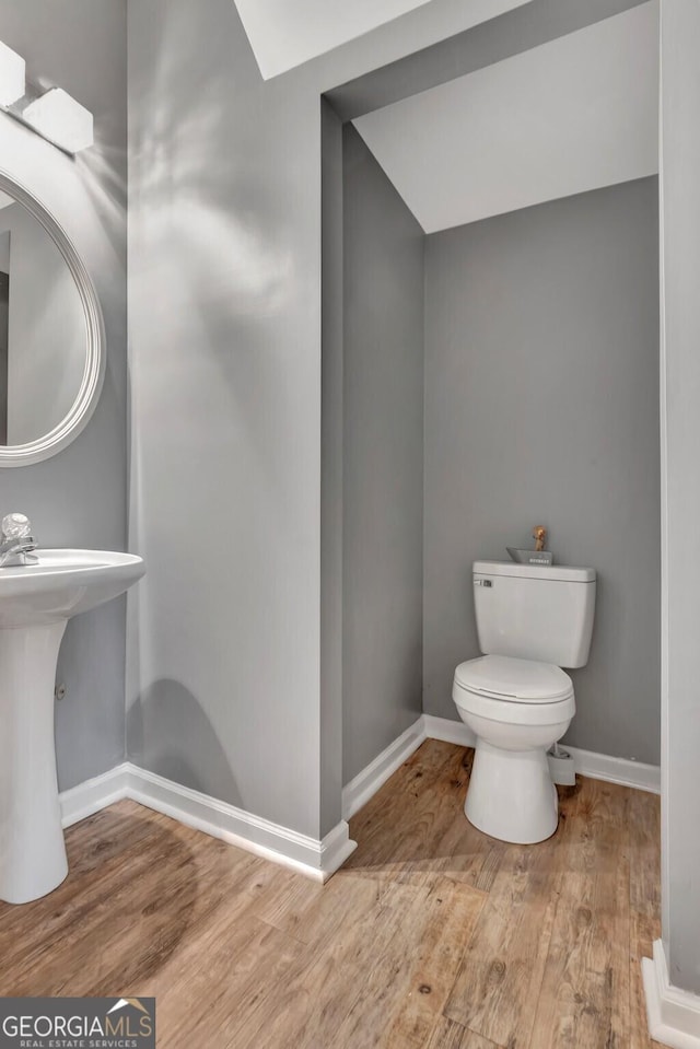 bathroom with toilet, wood-type flooring, and sink