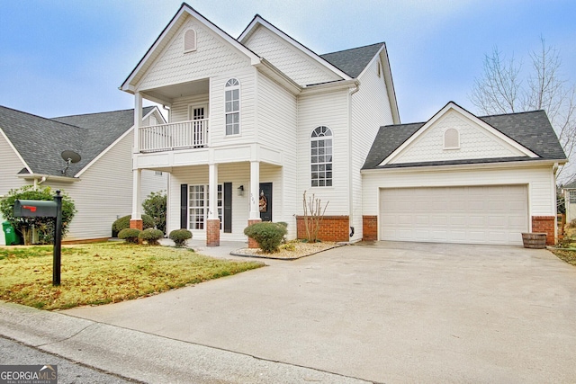 view of front facade featuring a garage and a balcony