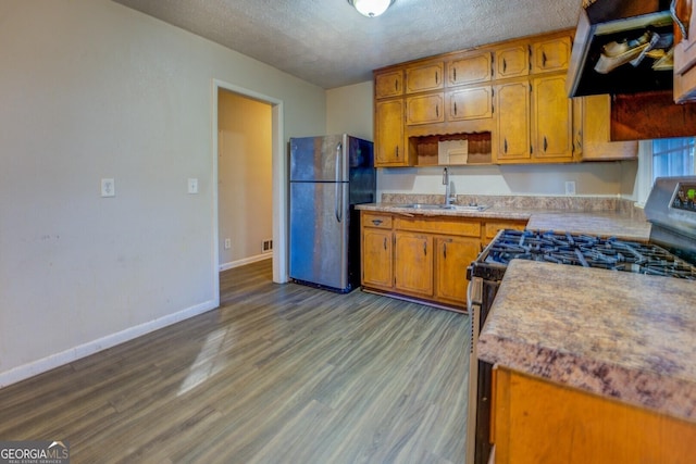 kitchen featuring sink, a textured ceiling, range hood, appliances with stainless steel finishes, and wood-type flooring