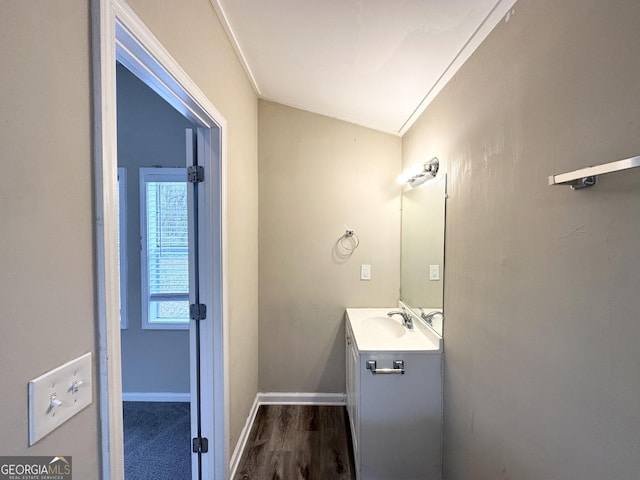 bathroom with wood-type flooring, vanity, and ornamental molding