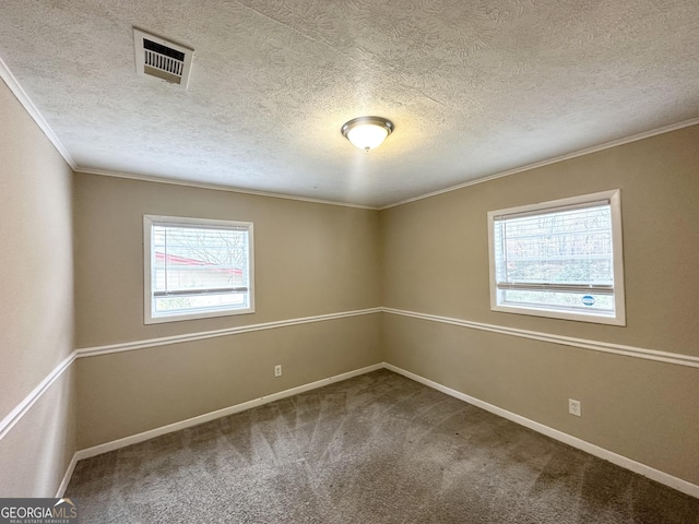 carpeted spare room featuring crown molding and a textured ceiling