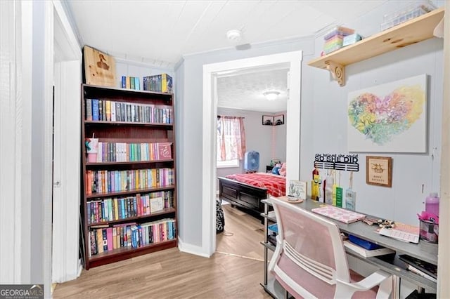 office featuring crown molding and light hardwood / wood-style floors