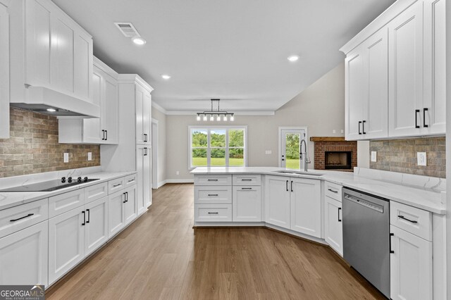 kitchen with stainless steel dishwasher, white cabinets, black electric cooktop, and kitchen peninsula