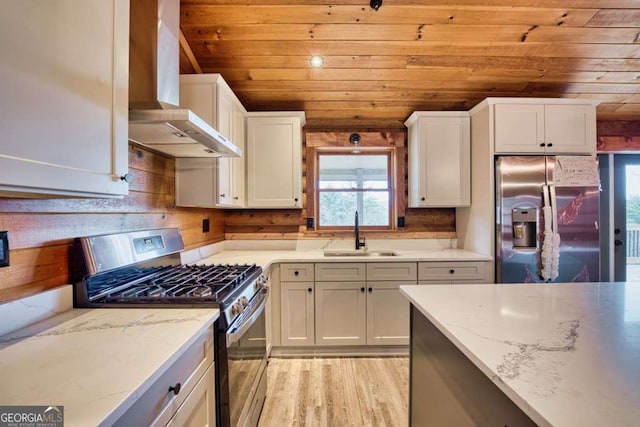 kitchen with stainless steel appliances, white cabinets, a sink, wooden ceiling, and wall chimney exhaust hood