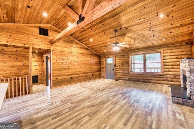 unfurnished living room with wooden ceiling, light hardwood / wood-style flooring, log walls, and lofted ceiling with beams