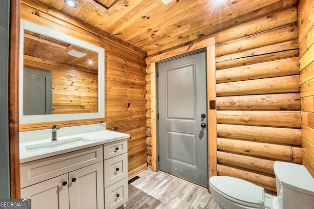 bathroom featuring rustic walls, wood-type flooring, wood ceiling, and toilet