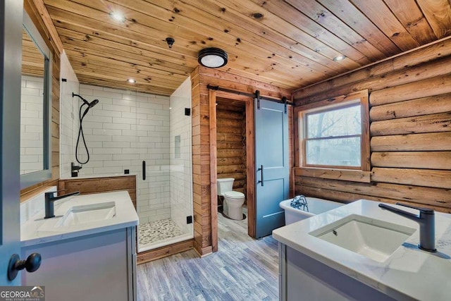 full bathroom with hardwood / wood-style floors, plus walk in shower, wooden ceiling, and log walls