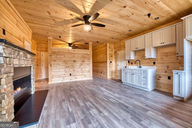 kitchen with wood walls, wood ceiling, and wood finished floors