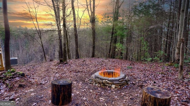 view of yard with a fire pit and a forest view