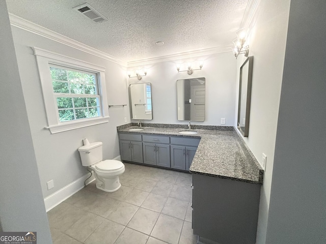 bathroom featuring vanity, a textured ceiling, toilet, and crown molding