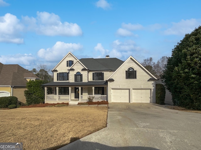 view of front facade with covered porch, a front yard, and a garage