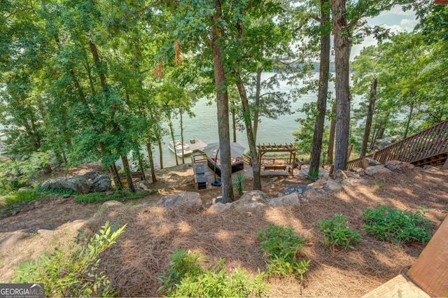 view of yard with a dock and a water view