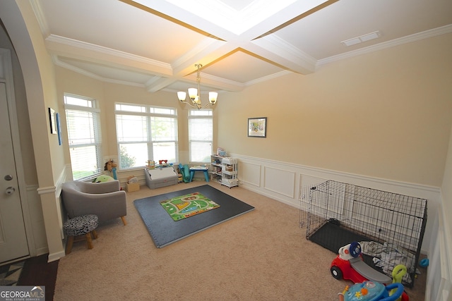 rec room featuring carpet flooring, ornamental molding, beamed ceiling, and coffered ceiling