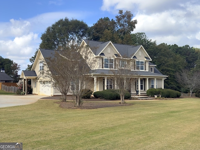 view of front facade featuring a front lawn, covered porch, and a garage