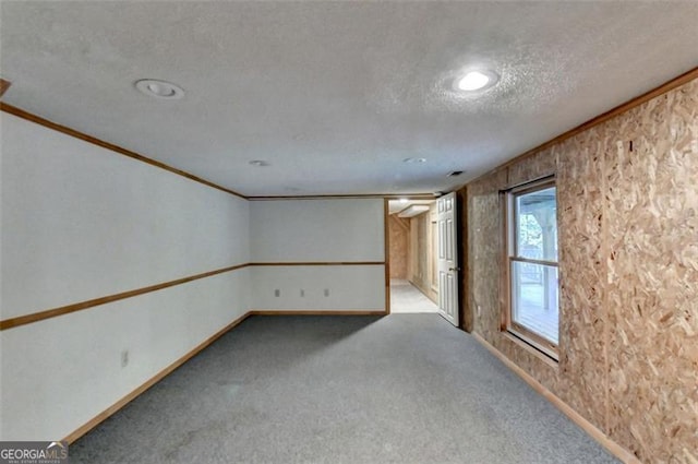 carpeted spare room with a textured ceiling and crown molding