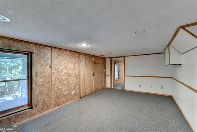 spare room featuring crown molding, carpet floors, and a textured ceiling