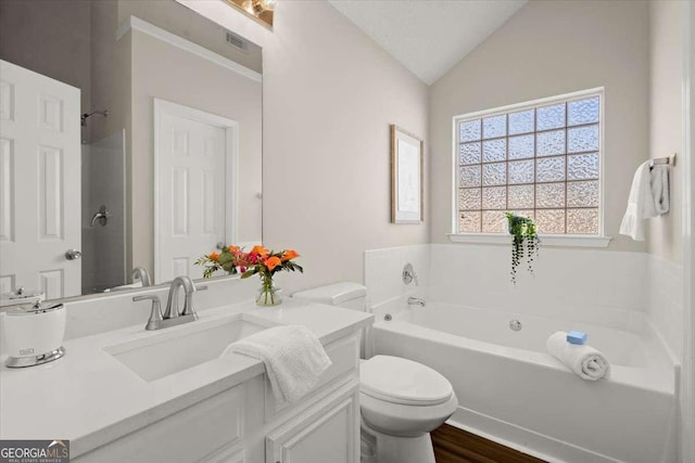 bathroom with a bath, wood-type flooring, lofted ceiling, toilet, and vanity