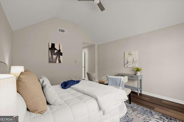 bedroom with hardwood / wood-style floors, ceiling fan, and lofted ceiling