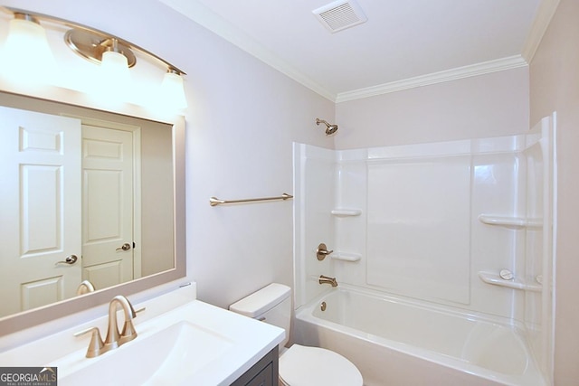 full bathroom featuring washtub / shower combination, vanity, toilet, and crown molding