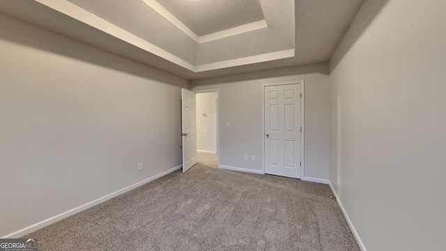 carpeted empty room featuring a tray ceiling