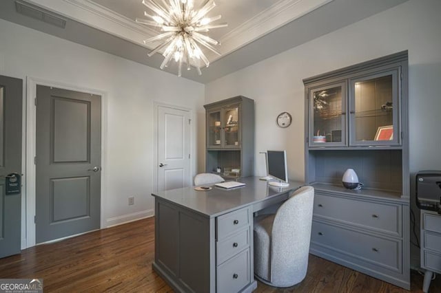 office featuring dark wood-type flooring and an inviting chandelier