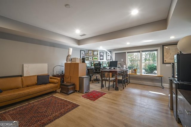 living room with a raised ceiling and light hardwood / wood-style flooring