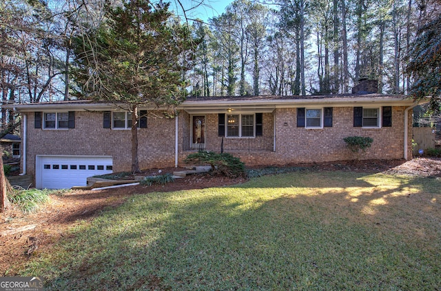 ranch-style home with a porch, a garage, and a front lawn