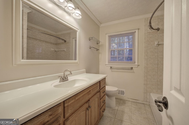 full bathroom with vanity, bathing tub / shower combination, crown molding, tile patterned flooring, and toilet