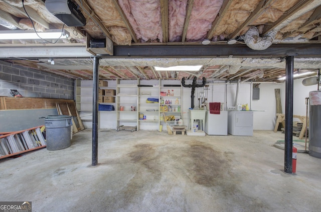 basement featuring washer and clothes dryer, sink, and electric panel